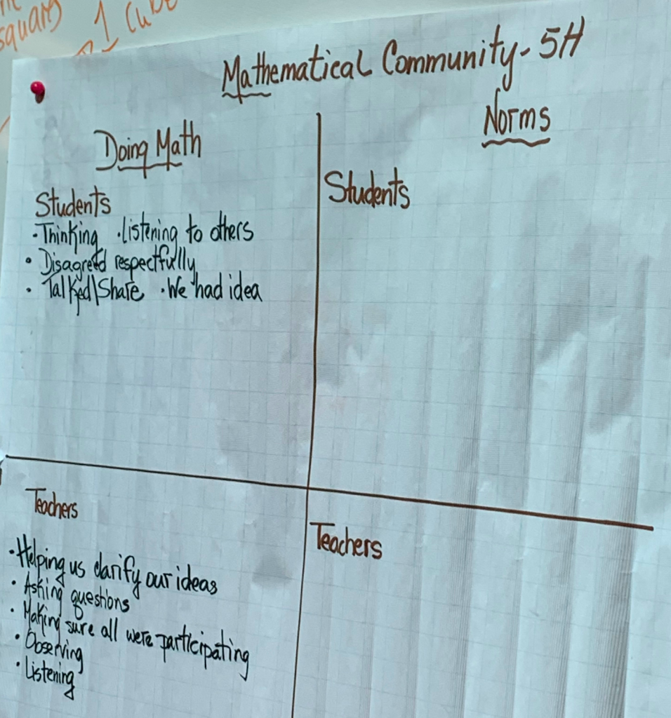 a T-chart detailing what it means to "do math" for both students and teachers. This image comes from Viri Hawkins in Brookline, MA.