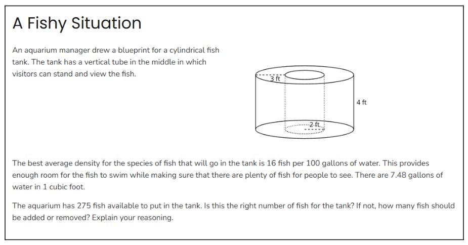 A math problem titled “A Fishy Situation” shows a cylindrical fish tank with a hollow tube in the center. Dimensions are labeled: 4 feet tall, 3-foot outer radius, and 2-foot inner radius. The problem involves calculating water volume and fish density to determine if 275 fish is appropriate.