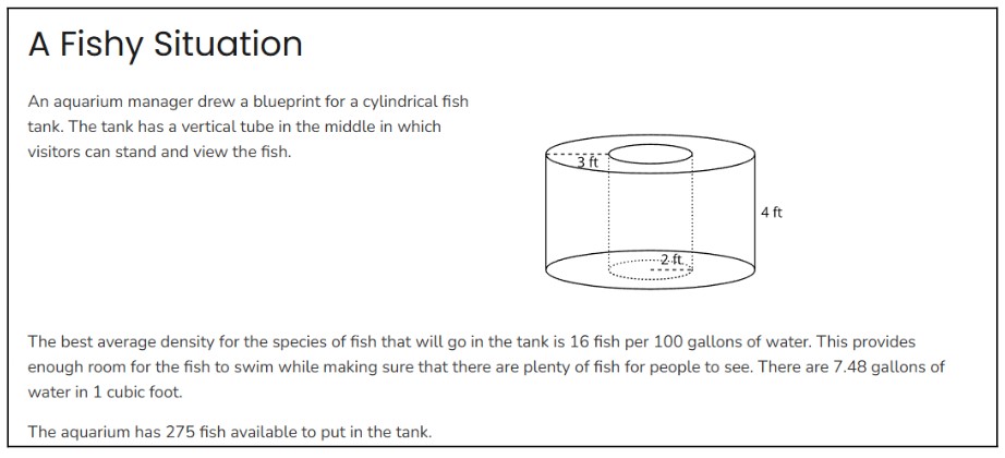 A math problem titled “A Fishy Situation” with a diagram of a cylindrical fish tank containing a vertical viewing tube. The tank’s outer radius is 3 feet, inner radius 2 feet, and height 4 feet. The scenario asks whether 275 fish is appropriate based on water volume and fish density.