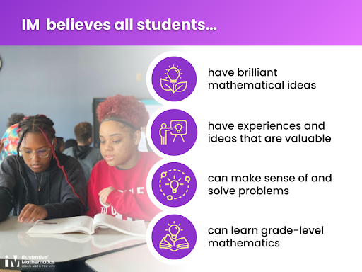 Header text reads: IM believes all students... above a graphic of students in a classroom. Text continues: "have brilliant mathematical ideas, have experiences and ideas that are valuable, can make sense of and solve problems, can learn grade-level mathematics"