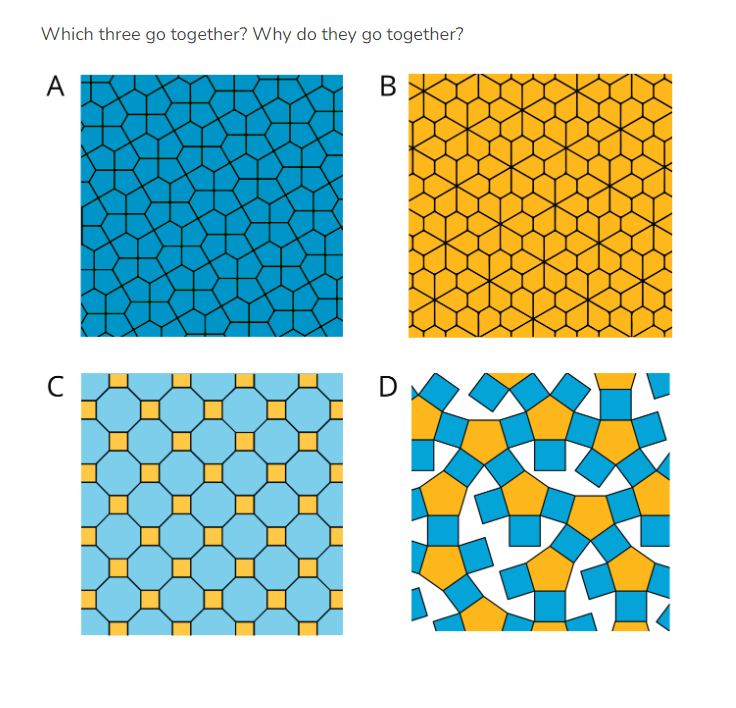 4 graphics labeled A, B, C, D, with the prompt above that reads Which three go together? Why do they go together?