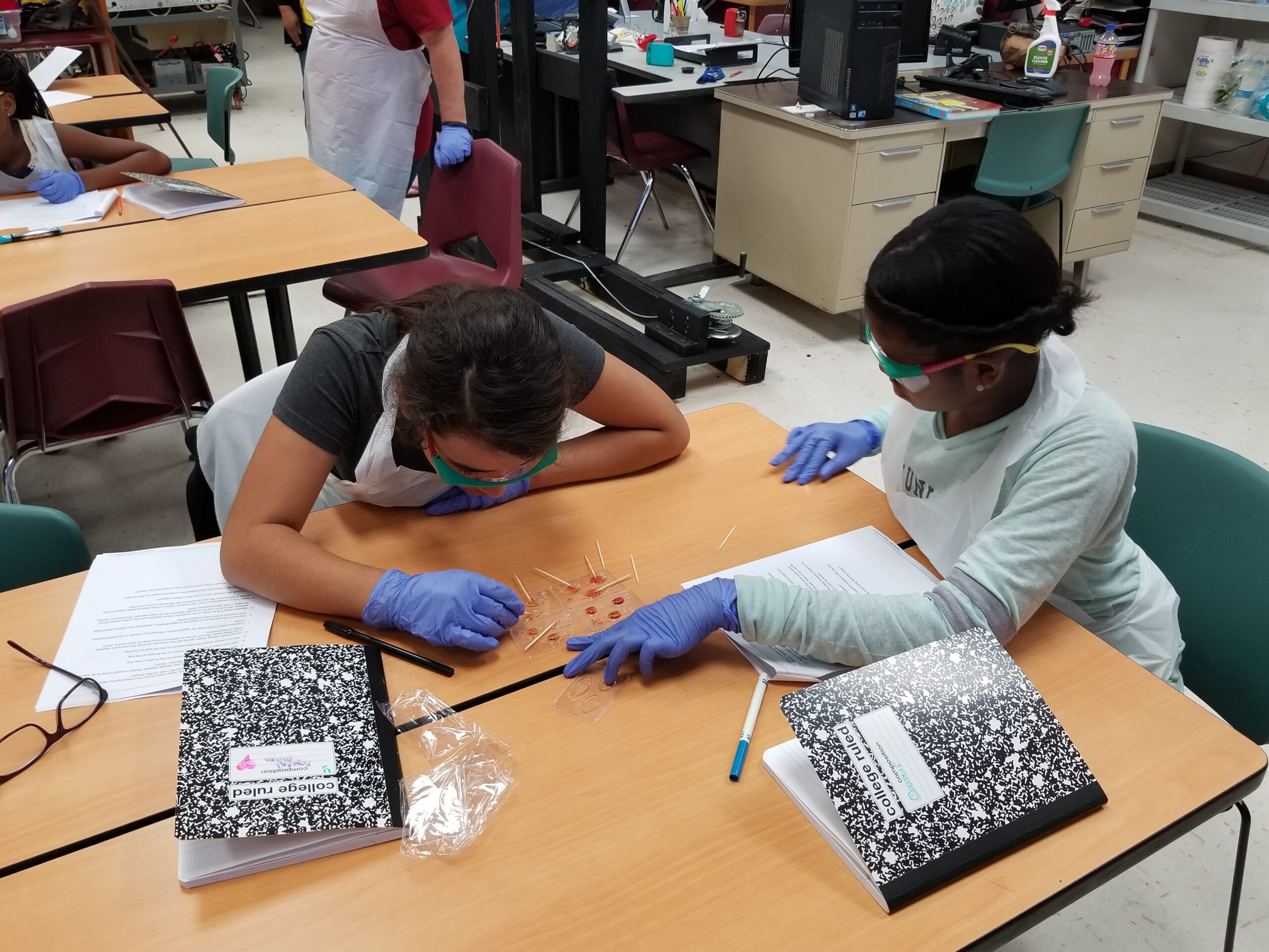 Students conducting a lab experiment wearing safety gear