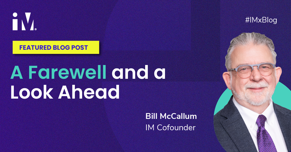 Featured blog post titled ‘A Farewell and a Look Ahead’ by Bill McCallum, IM Cofounder. The image features a professional headshot of Bill McCallum wearing glasses, a dark suit, and a purple patterned tie, on a deep purple background with the Illustrative Mathematics logo and the hashtag #IMxBlog.